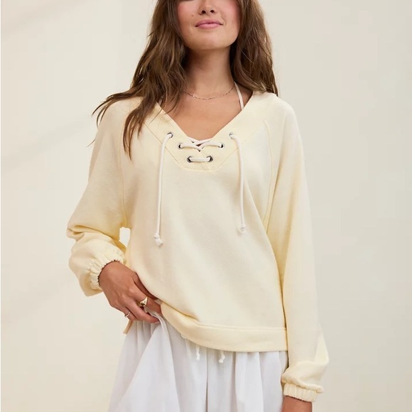 Aerie Butter Yellow Lace-Up Knit Top Sweater Size Small EUC (2025) - Picture 1 of 6